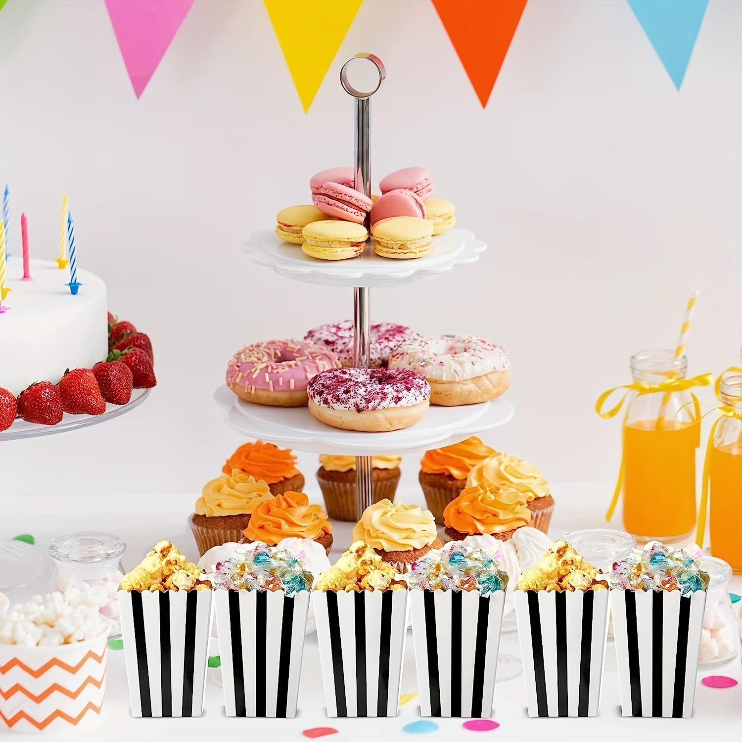 100 Mini Popkorn qutilari 2.27oz Qora Oq chiziqlar Oziq-ovqat sinfi yopilgan bayram Karnaval