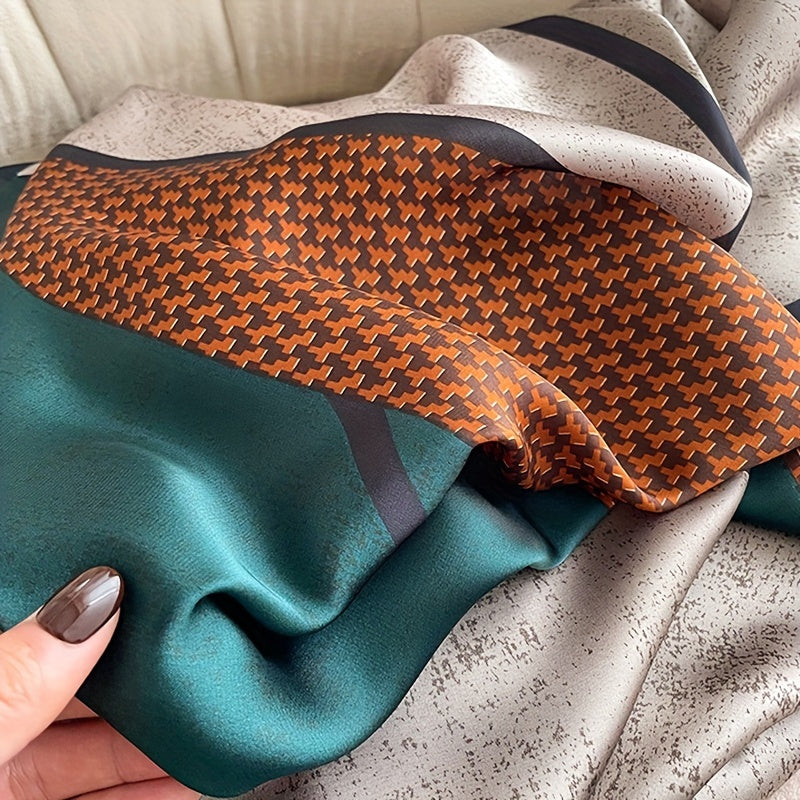 Color Block Geometric Print Satin Scarf Large Silk Head Wrap for Travel Beach Towel Hair Accessory