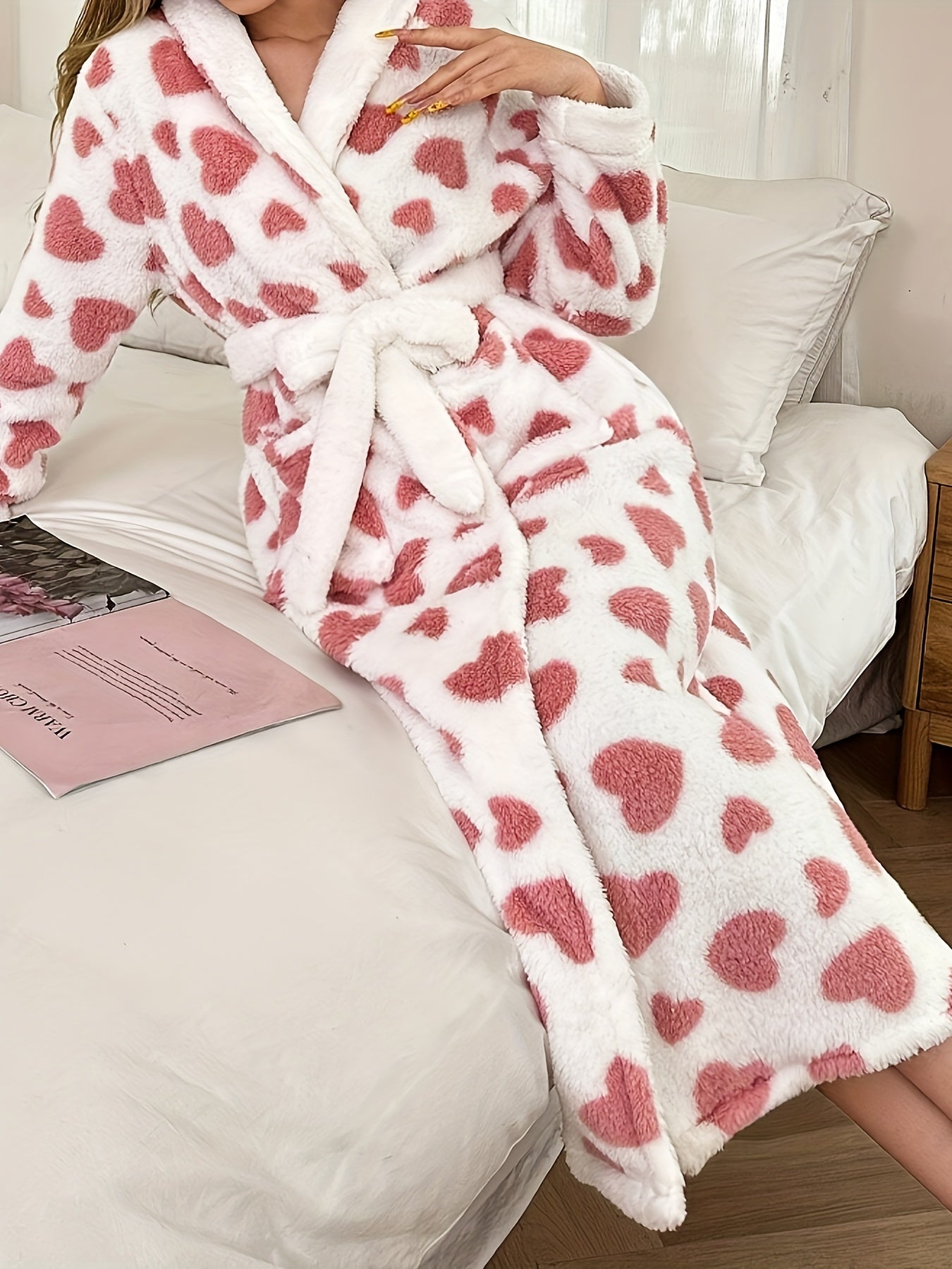 Women's Plus Size Casual Flannel Robe with Heart Pattern Long Sleeves Belt Fall Winter Loungewear