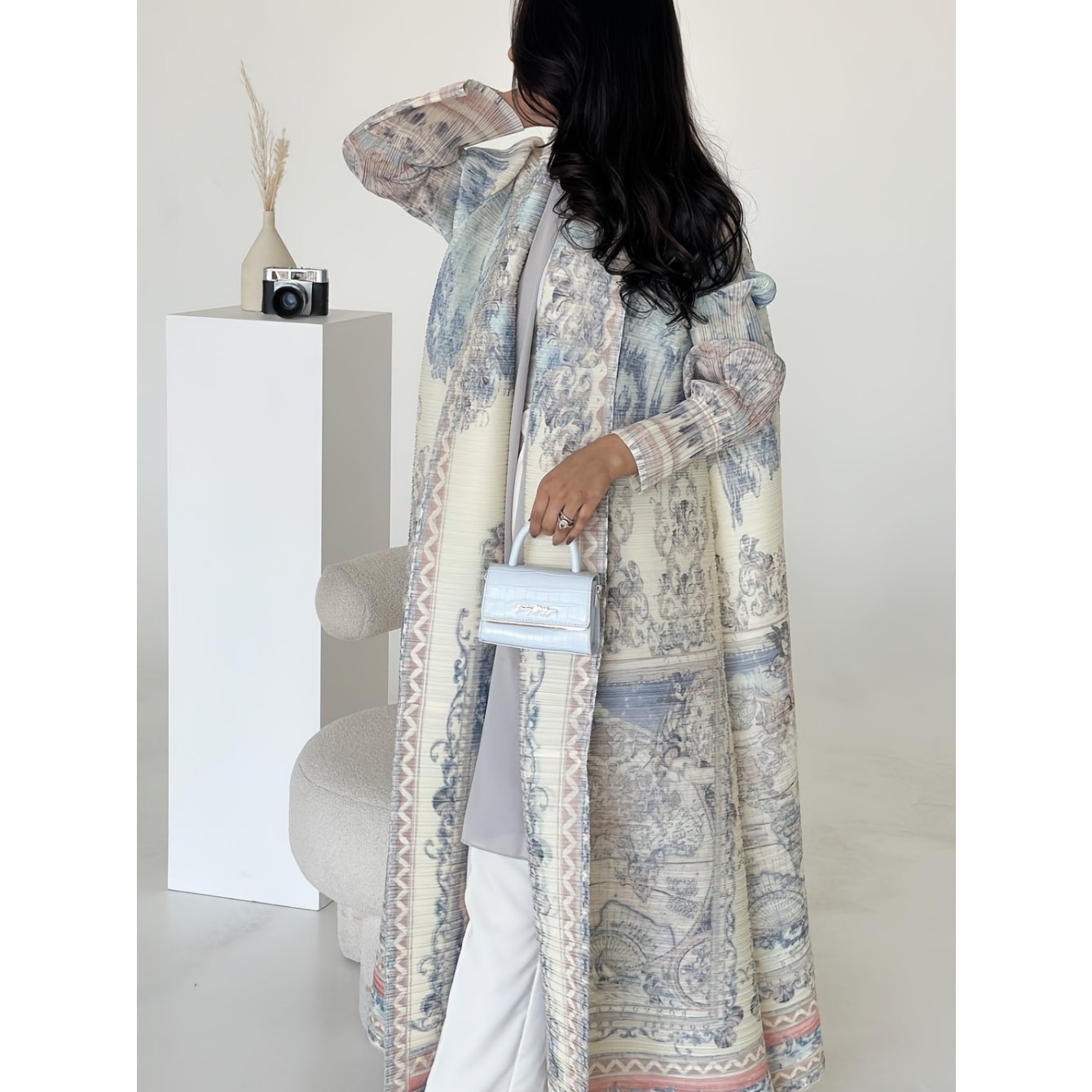Plus Size High-Stretch Geometric Print Long Robe for Women Casual Formal