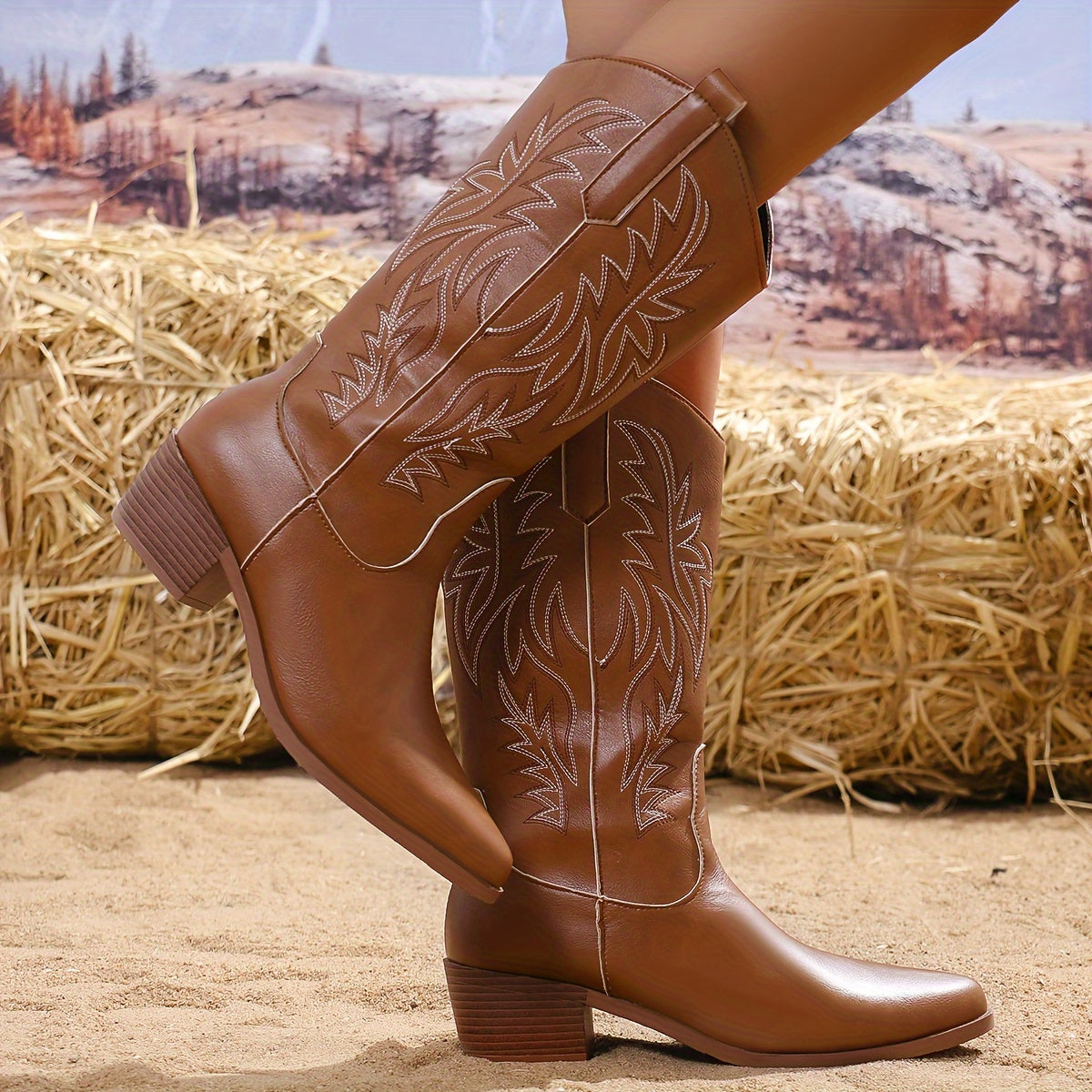 Women's Faux Leather Western Mid-Calf Boots with Baroque Embroidery