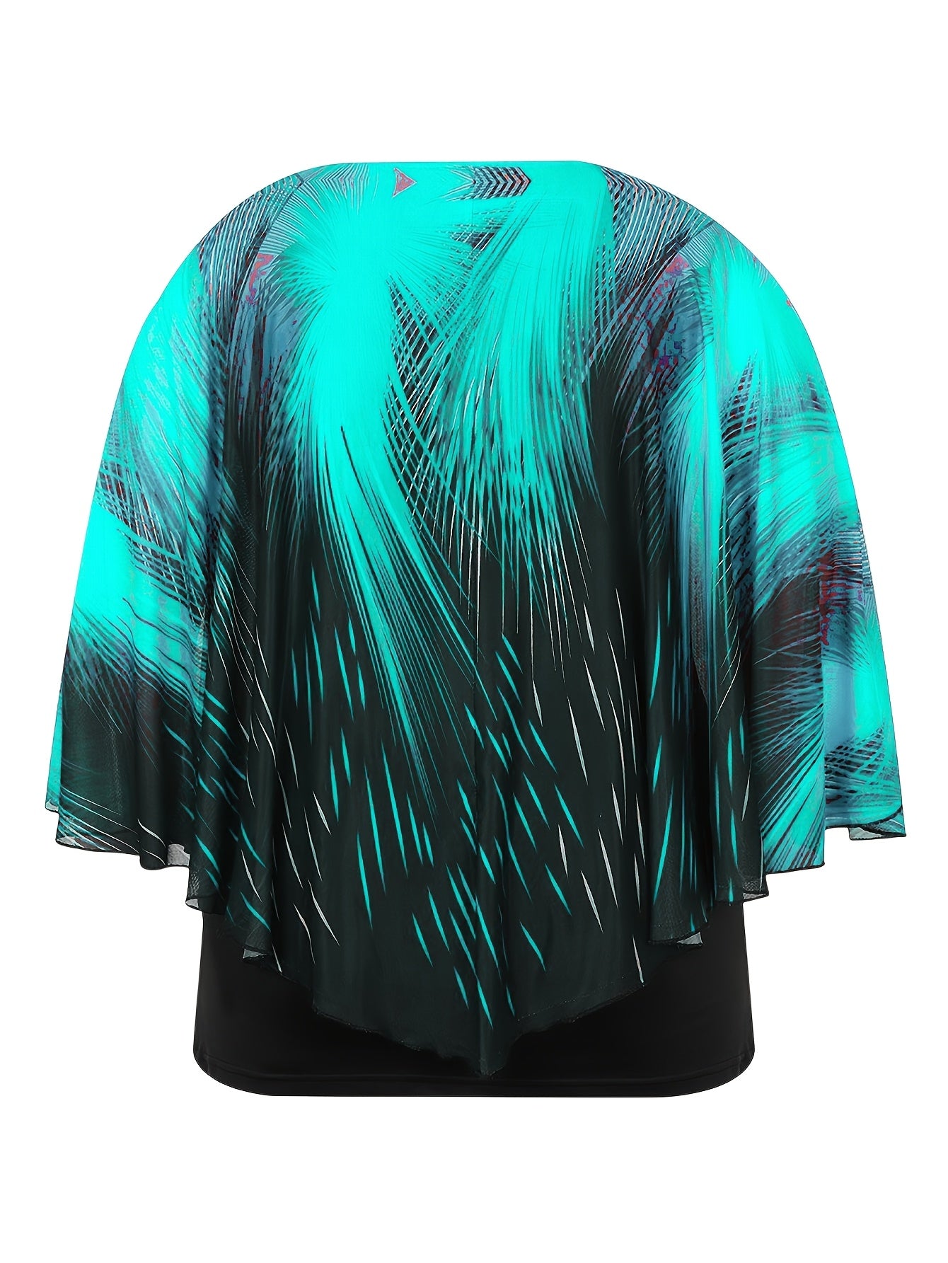 Plus Size Women's Mesh Panel Faux Two-Piece Top Black Turquoise Flame Print Short Sleeve Blouse
