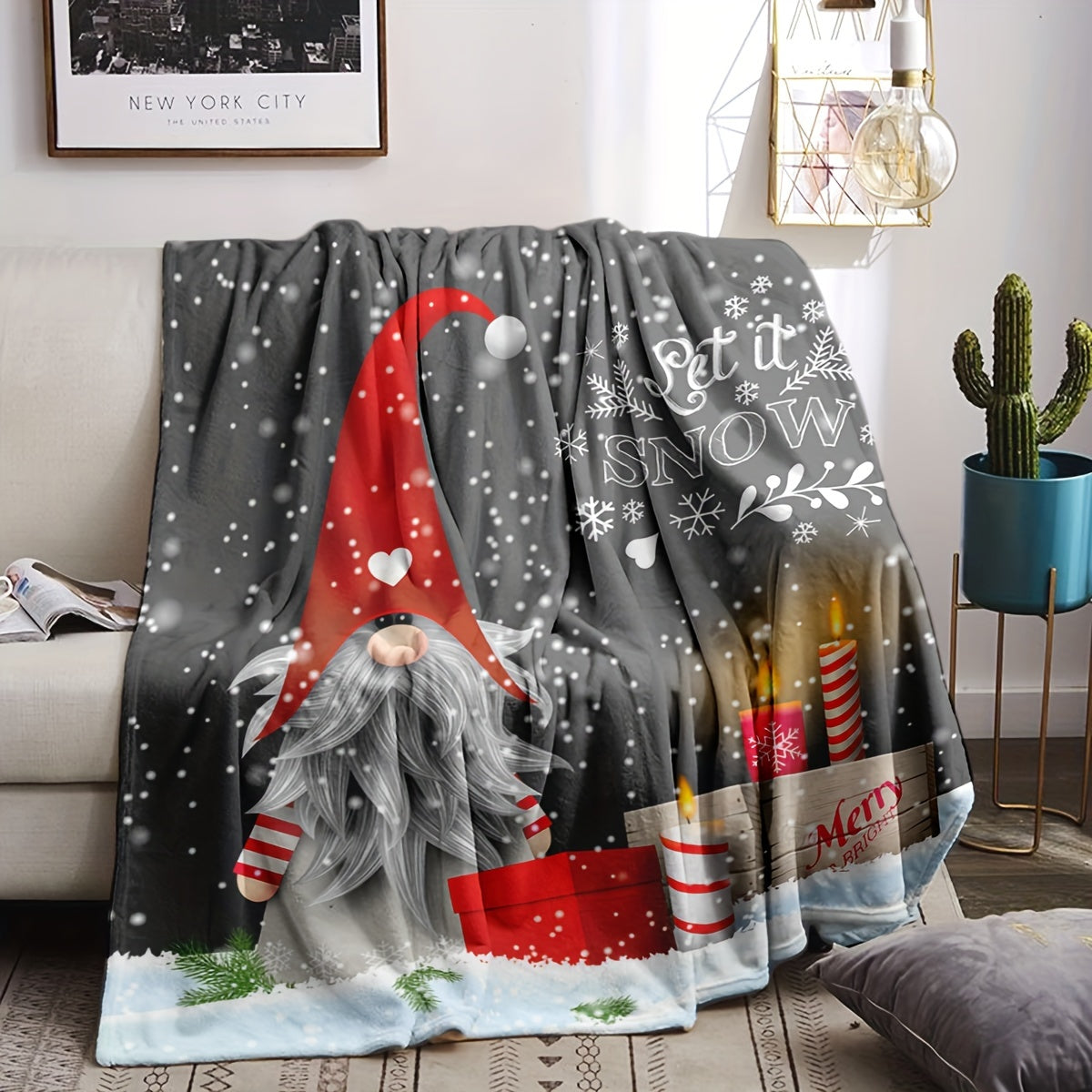 Christmas Gnome Print Flannel Blanket Lightweight Knit for Home and Gifting