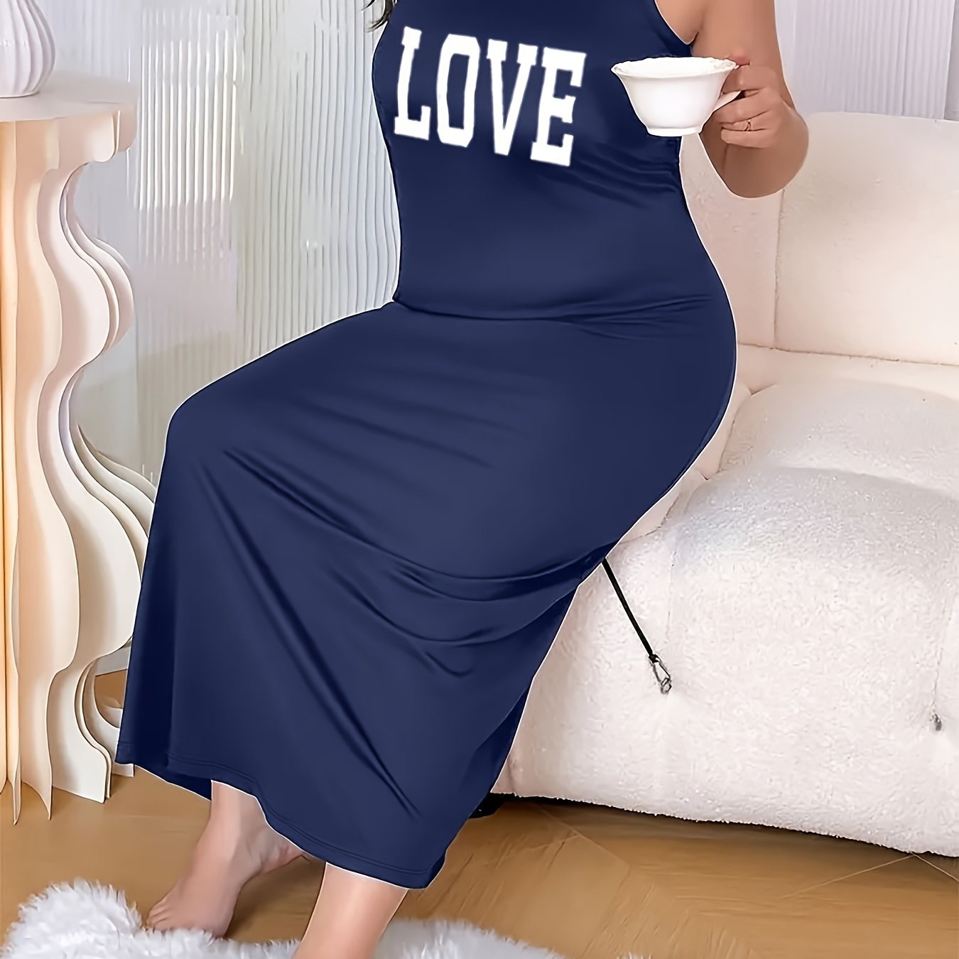 Plus Size Sleeveless Nightgown Maroon Love Letter Print Sleepwear for Women