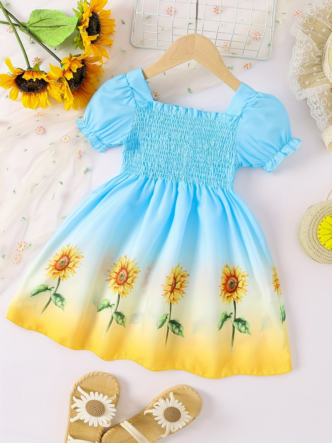 Girls Summer Ombre Sunflower Pattern Princess Dress for Kids Casual 4th of July