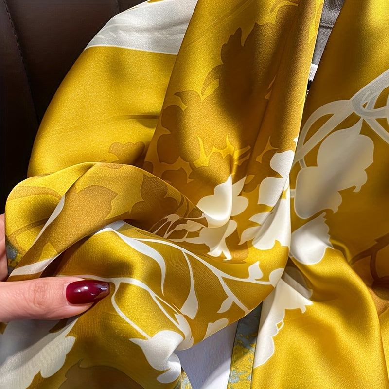 Yellow Plant Print Satin Scarf for Spring and Autumn Sunshade Beach Towel