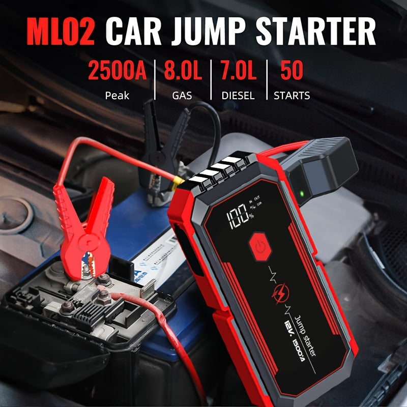2500A Portable Car Jump Starter with Fast Charging LED Light USB QC3.0 for Up to 8L Gas and 7L Diesel Engines