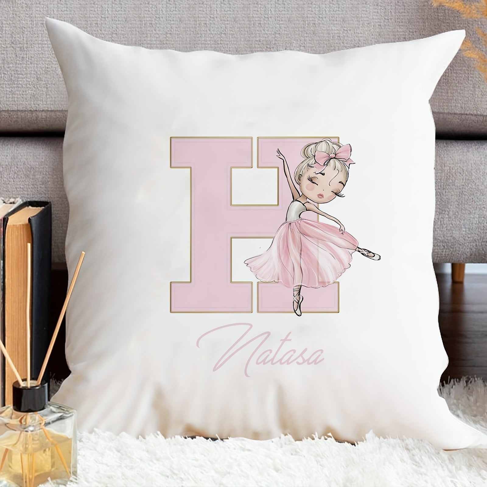 Shaxsiylashtirilgan samoviy yostiq qopqog'i, balet qiz dizayni bilan, pushti harflar, divan uchun dekor, bitta tomonli bosma
