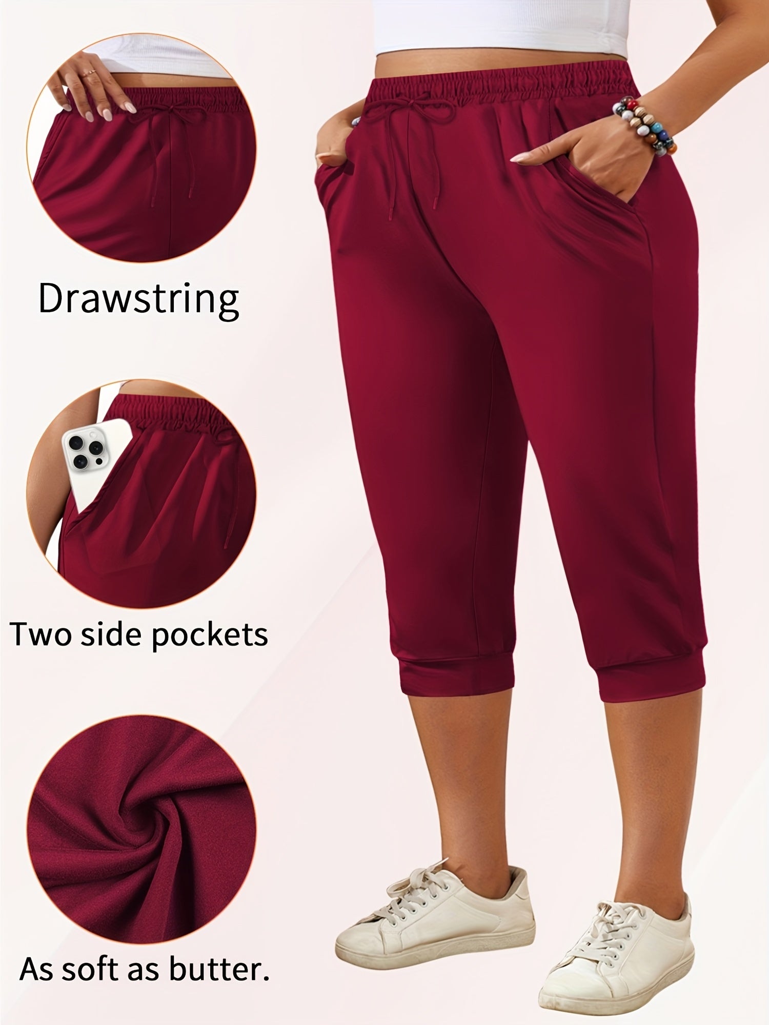 Plus Size Drawstring Side Pocket Cropped Joggers Three Pack Loose Fit Pants