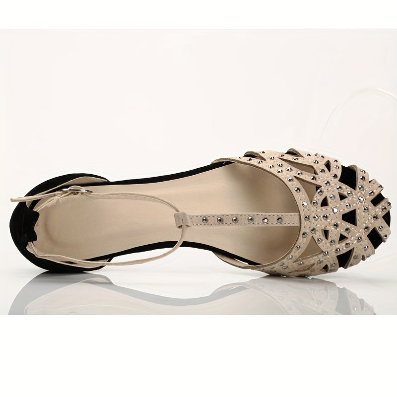 Women's Rhinestone Decor Flat Sandals Closed Toe T-Strap Ankle Strap