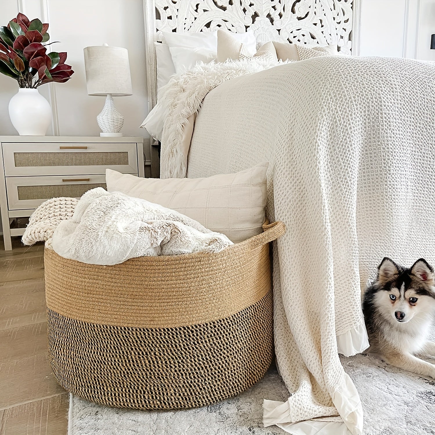 Qora jute to'rilgan saqlash savati, tutqichlar bilan, 90L, kir yuvish, o'yinchoqlar va tashkilot uchun