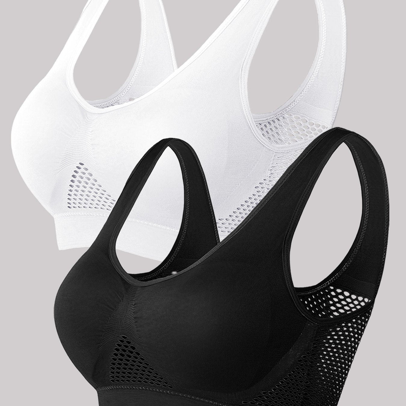 Plus Size Sports Bras Breathable Mesh No Underwire Padded Cups Black Beige