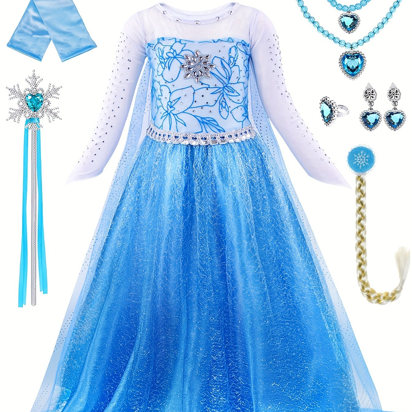 Girls Elsa Queen Costume with Accessories for Cosplay and Birthday Parties