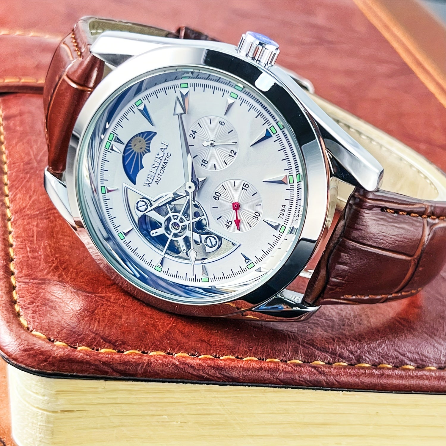 Men's Mechanical Watch with Moon and Star Design Automatic Leather Strap Business Style