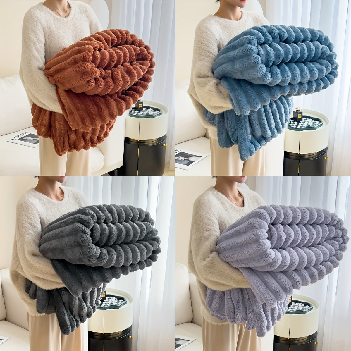 Double-Sided Faux Rabbit Fur Blanket Soft Warm Cozy for Bedroom Living Room Travel