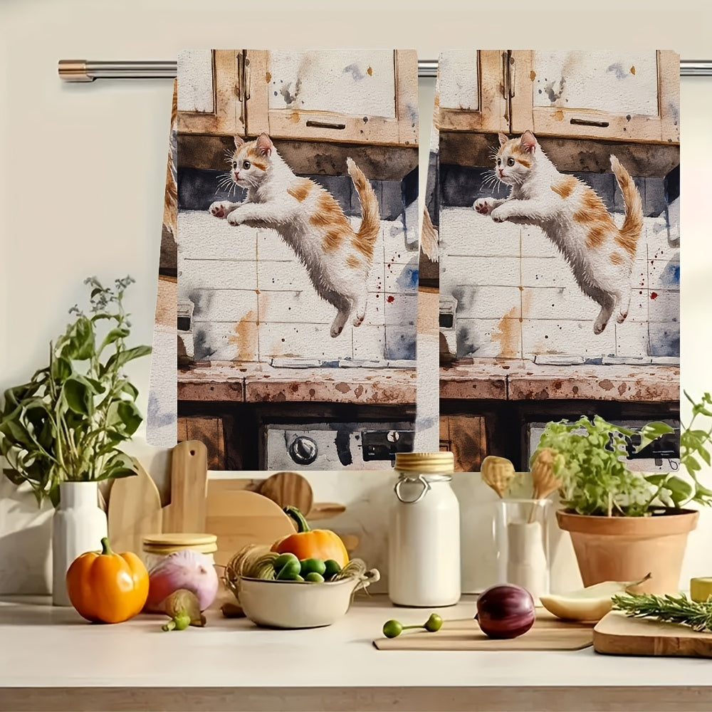 Set of 2 Soft Kitchen Towels with Playful Kitten Design, Absorbent, Machine Washable