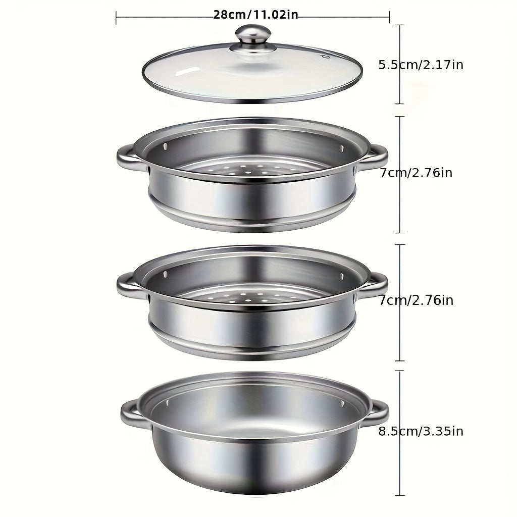 Stainless Steel Double-Layer Steamer Set with Glass Lid Large Heavy-Duty