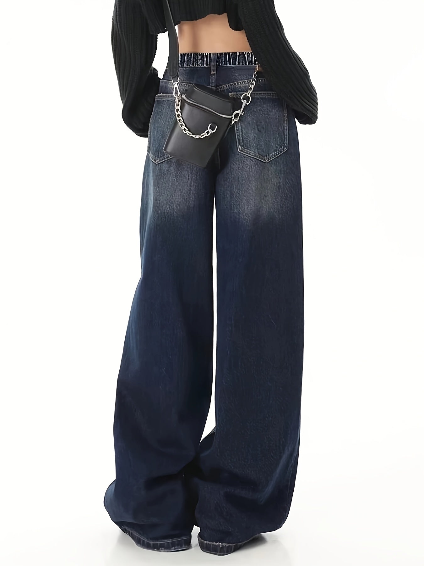 Teen Wide Leg Denim Jeans with Elastic Waist and Side Pockets for All Seasons