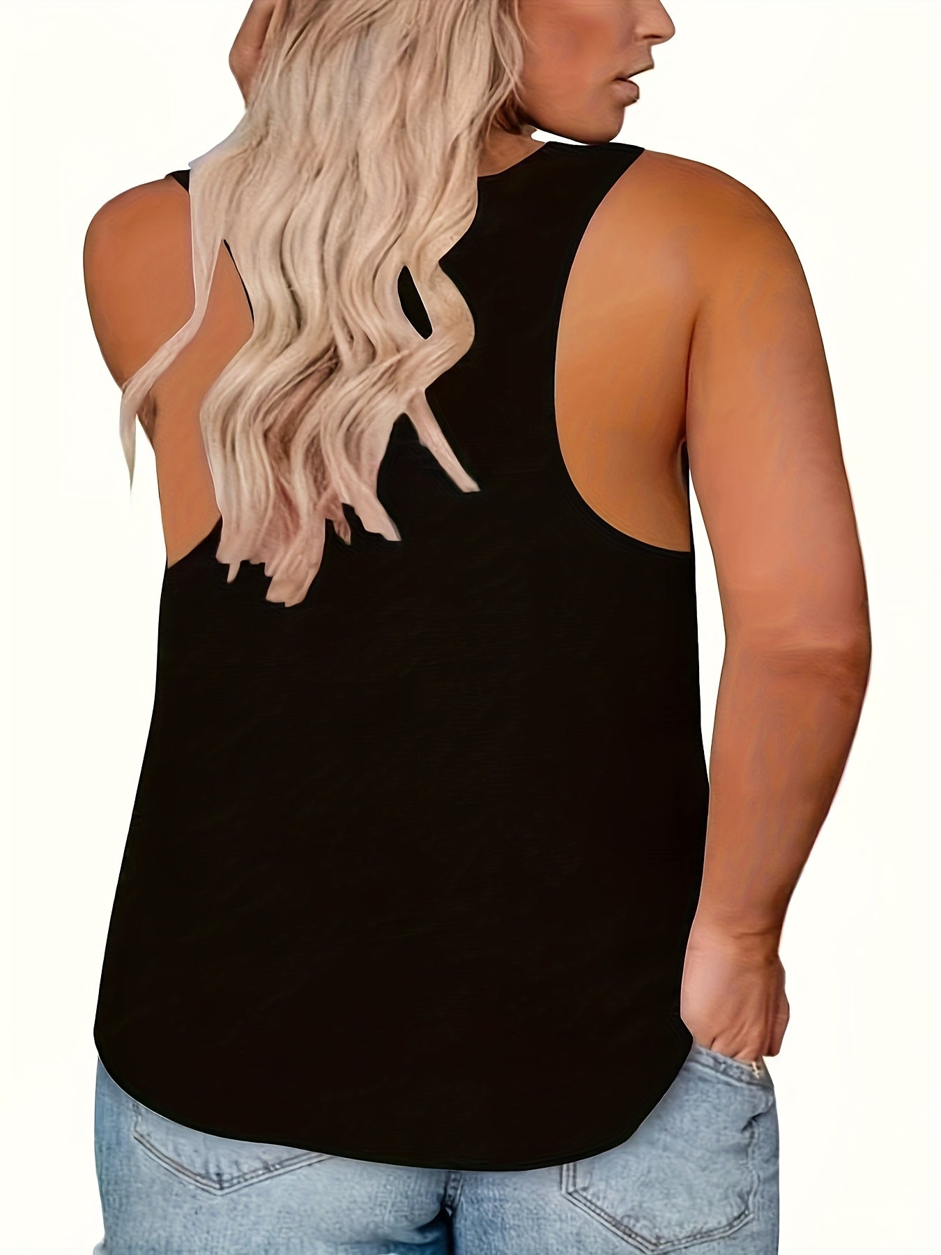 Plus Size Women's Black Sleeveless Tank Top with Pink Blue Geometric Print
