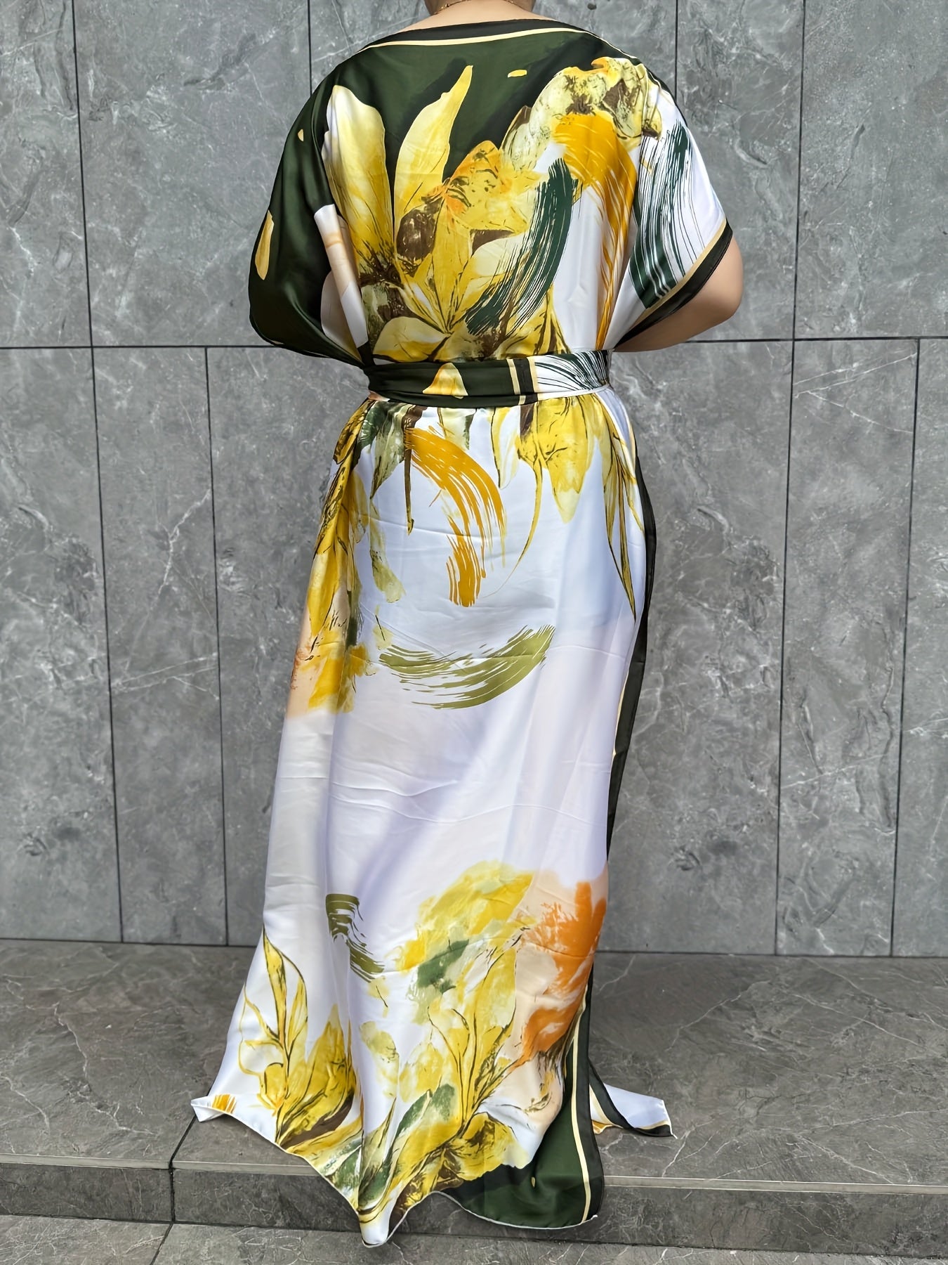 Plus Size Floral Pattern Kaftan Dress Longline Short Sleeve Summer Casual Gown