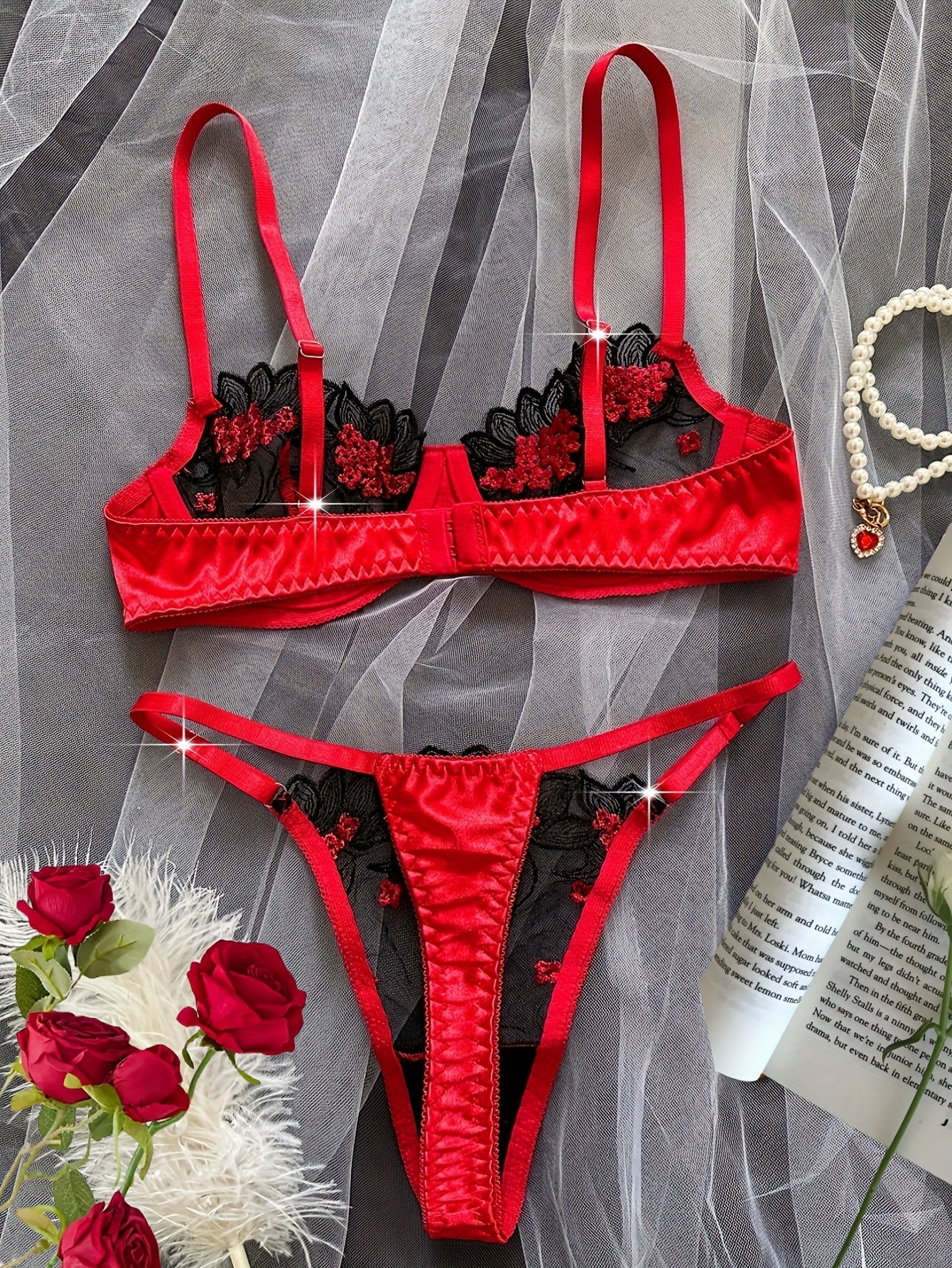 Women's Floral Embroidered Mesh Lingerie Set with Medium Support for Dating and Parties