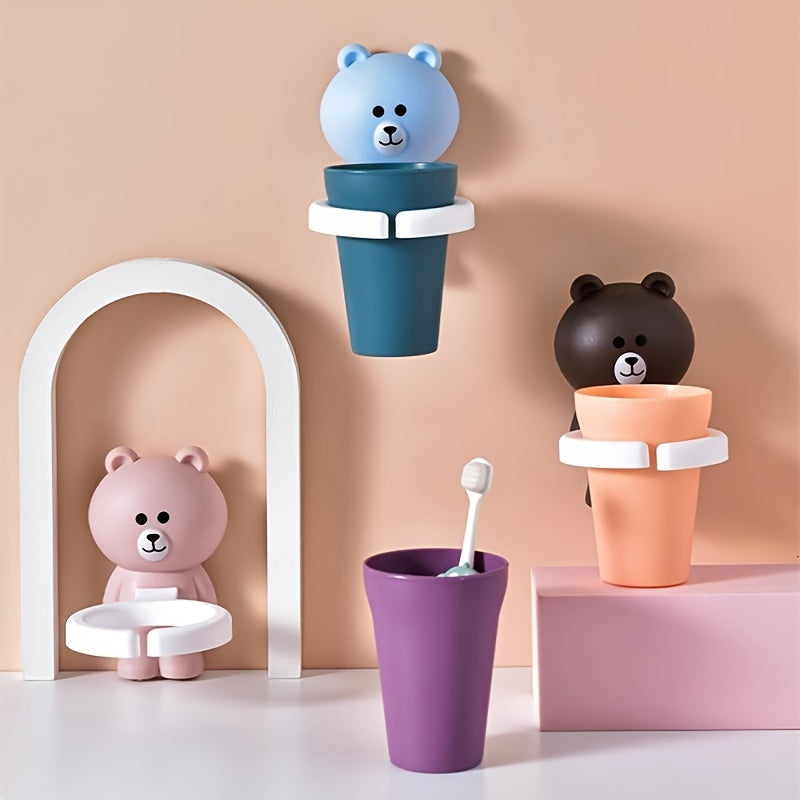 Wall-Mounted Bathroom Organizer with Cup No Drilling Space-Saving Bear Toothbrush Holder