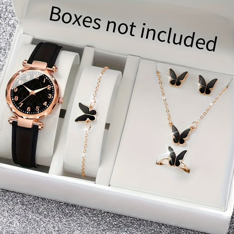 Ayollar uchun Kvarts soat va Kelebek taqinchoq to'plami, qora sun'iy charm, Sevganlar kuni, Paskha, Ramazon, Tug'ilgan kun uchun