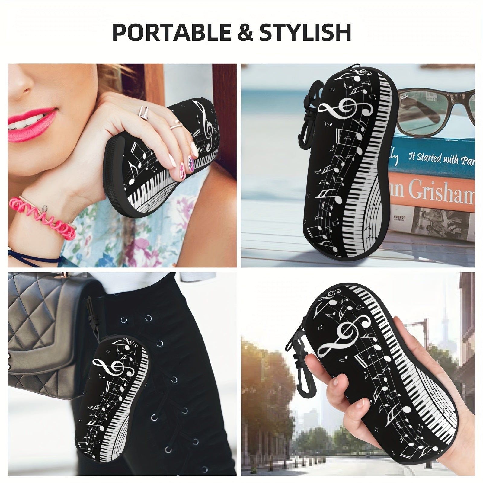 Neoprene Glasses Case with Music Notes Pattern and Key Chain