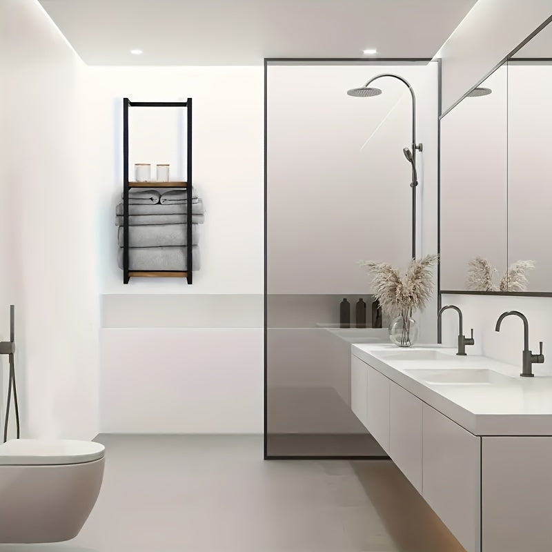 2-Tier Wall Mounted Towel Rack Wooden Bathroom Bedroom Organizer