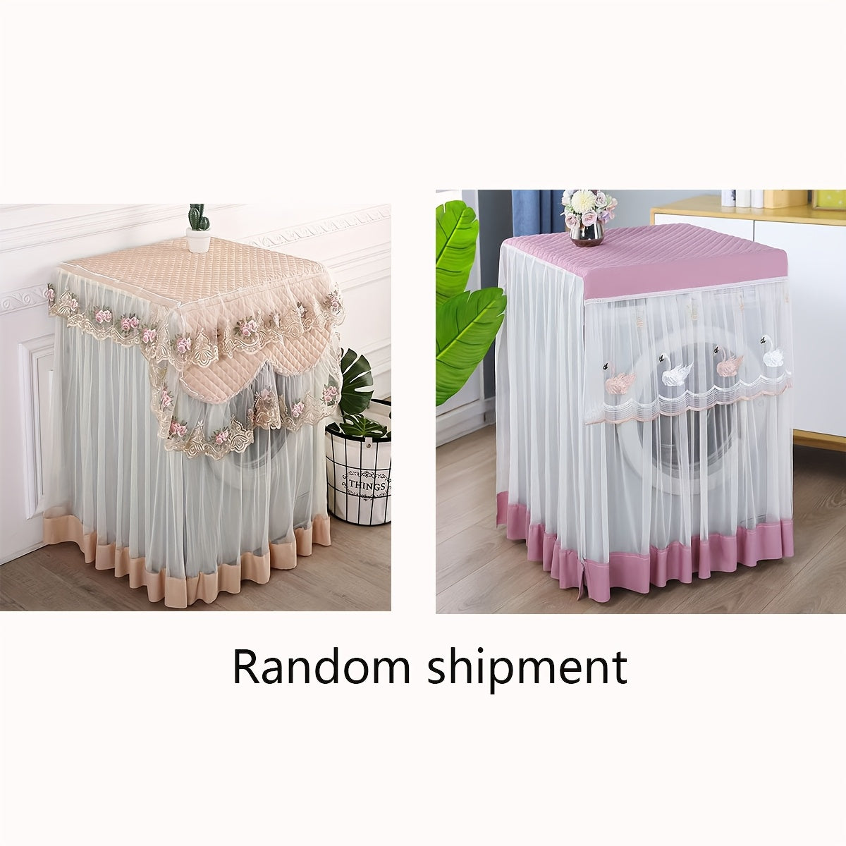 Gul naqshli va qirrali trim bilan bezatilgan pushti va oq dantel kir yuvish mashinasi qopqog'i, yon tomondan ochiladigan modellarga mos kelish, chang va quyoshdan himoya qilishni ta'minlaydi. Polyester matodan tayyorlangan.