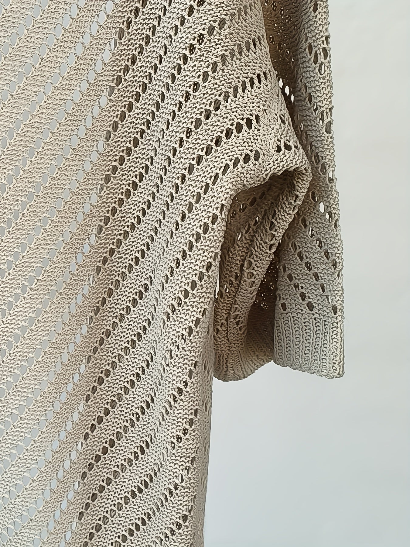 Plus Size Women's Crochet Cardigan Light Beige Open Front Short Sleeve Summer Casual