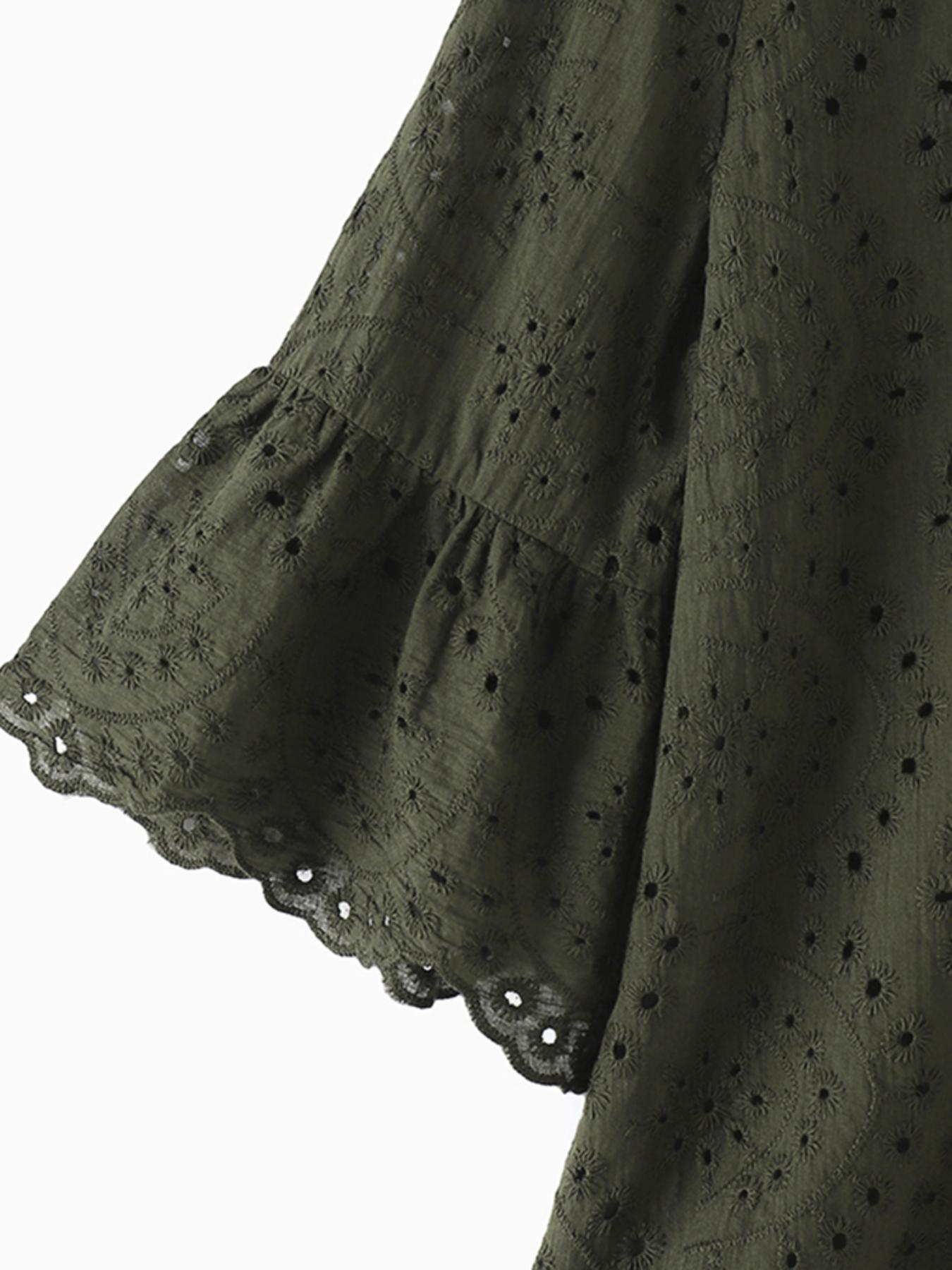 Plus Size Women's Casual Cotton Blouse with Eyelet Embroidery and Flared Sleeves