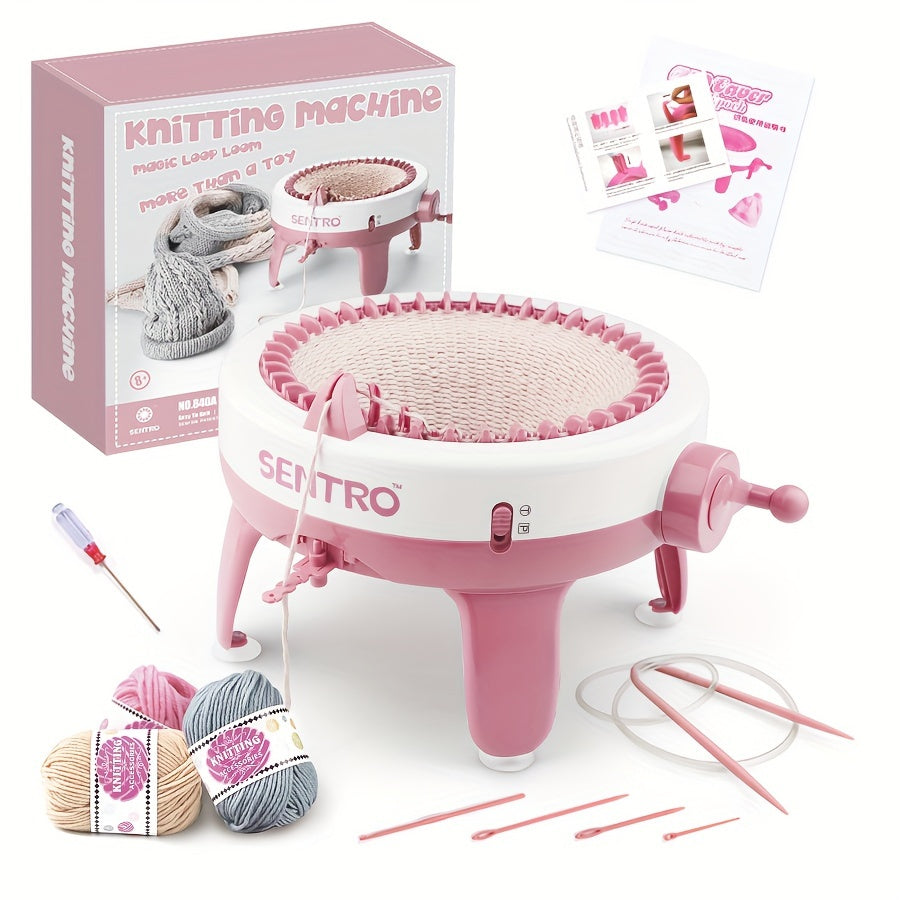 Kids Knitting Machine Kit 40-Needle Hand Crank Loom for Hats Scarves Socks Pink