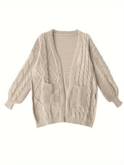 Women's Plus Size Cable Knit Cardigan Long Sleeve Open Front Pocketed Sweater