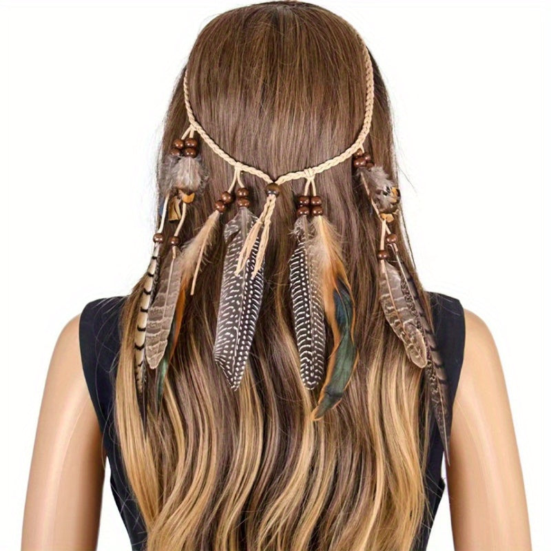 Bohemian Peacock Feather Headband with Tassels for Women