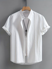 Men's Beige Short Sleeve Dress Shirt Polyester Solid Casual Office Plus Size