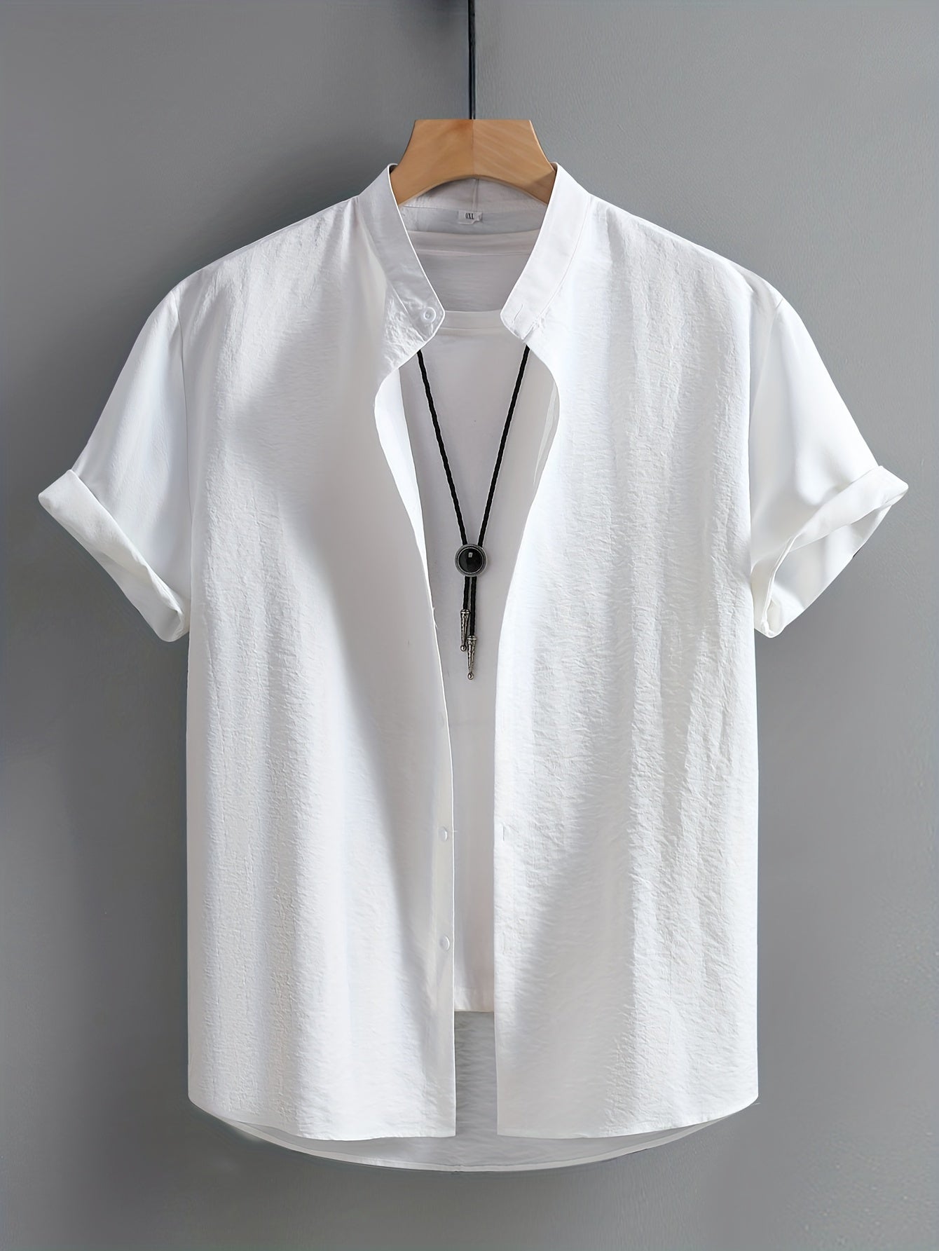 Men's Beige Short Sleeve Dress Shirt Polyester Solid Casual Office Plus Size