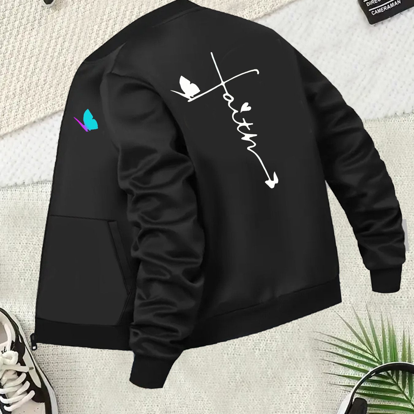 Plus Size Women's Casual Baseball Collar Jacket Black White Letter Heart Graphic Zip-Up Outerwear