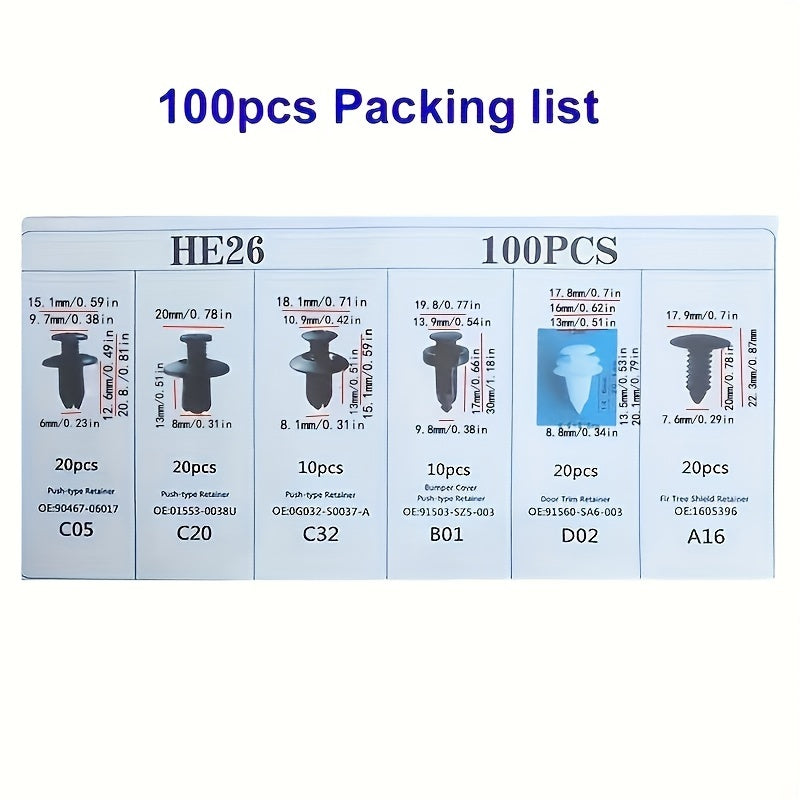 Universal Car Plastic Fastener Set, 100 Pieces, Durable Nails