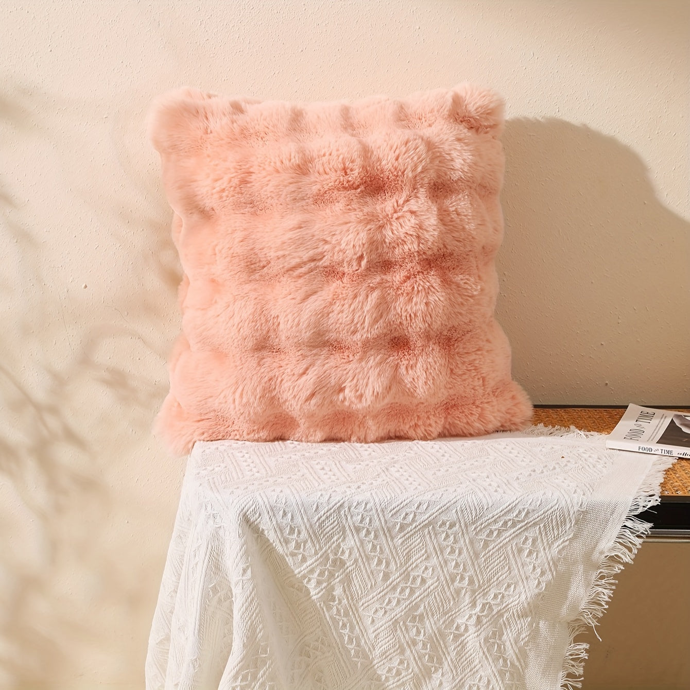 Two-Tone Rabbit Fur Plush Pillow Cover Zippered Sofa Cushion Case for Living Room