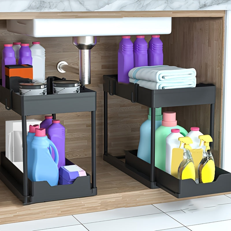 Organizador de almacenamiento de plástico y aluminio de 2 niveles con estantes extraíbles para cocina y baño