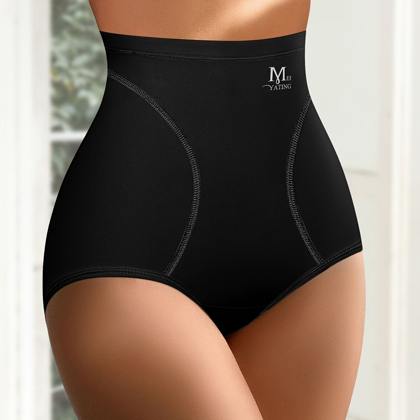 Panties de cintura alta para mujer con control de barriga, sin costuras, negras, ligeras, de elastano