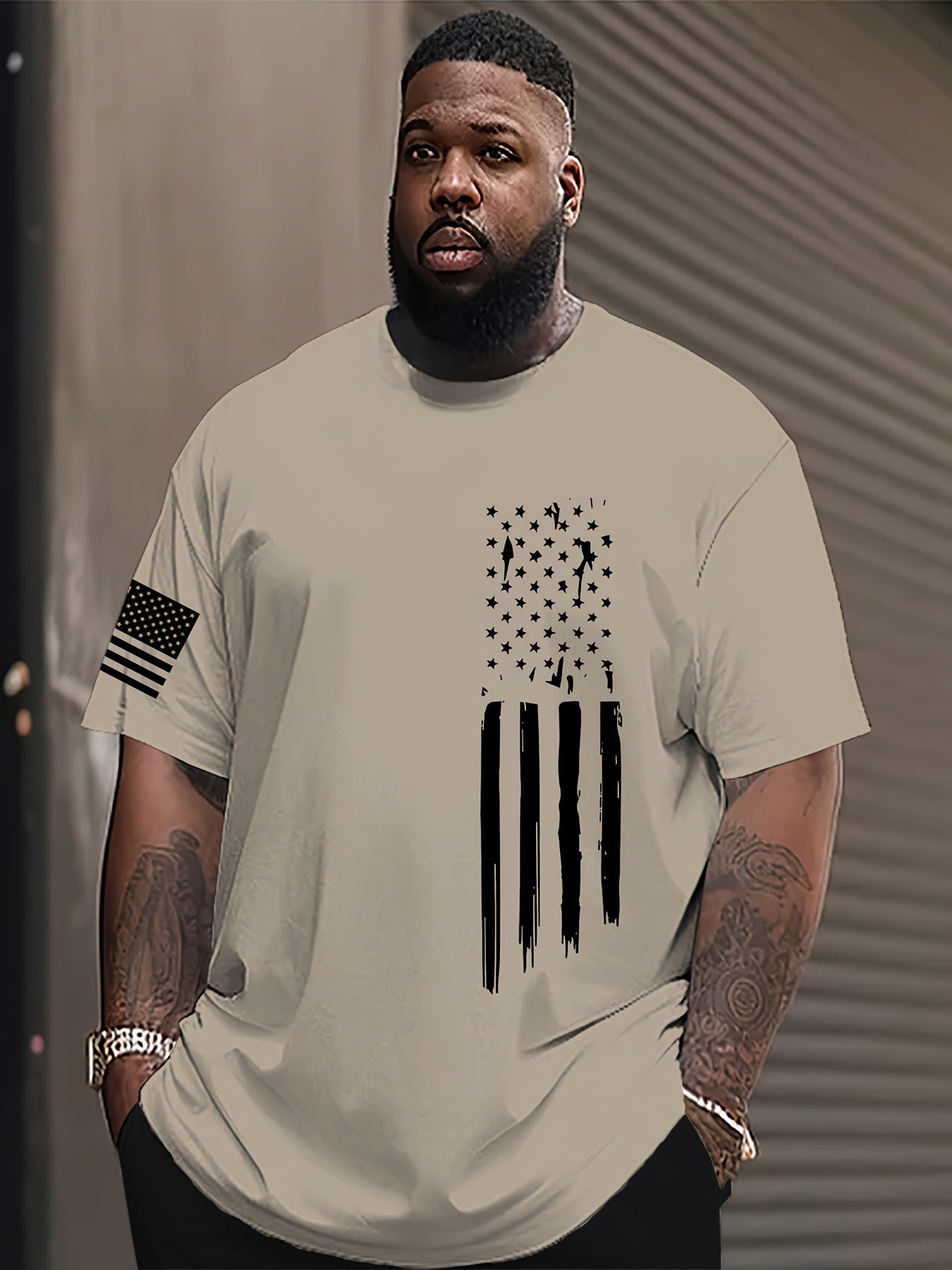 Camiseta de manga corta de deporte casual para hombre de talla grande con bandera y cuello redondo en poliéster