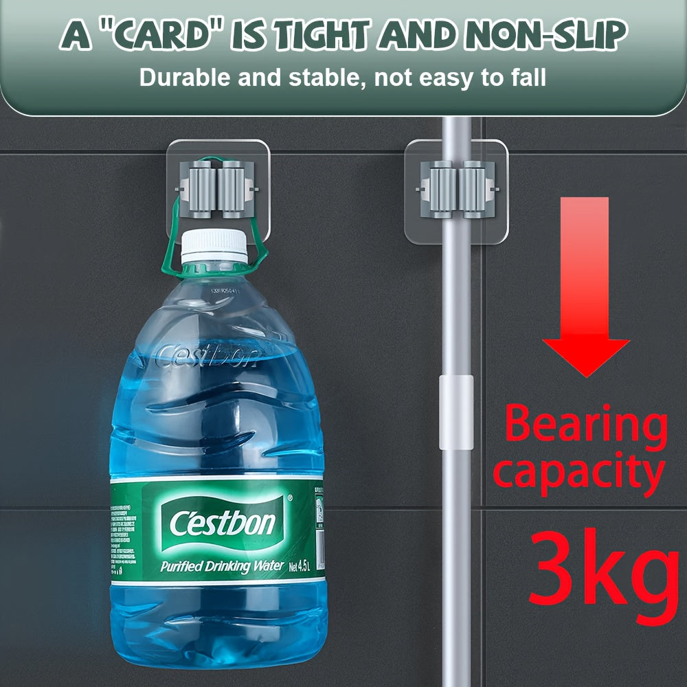 Soporte de pared blanco para trapeador y escoba con múltiples ganchos de plástico para almacenamiento en cocina y baño