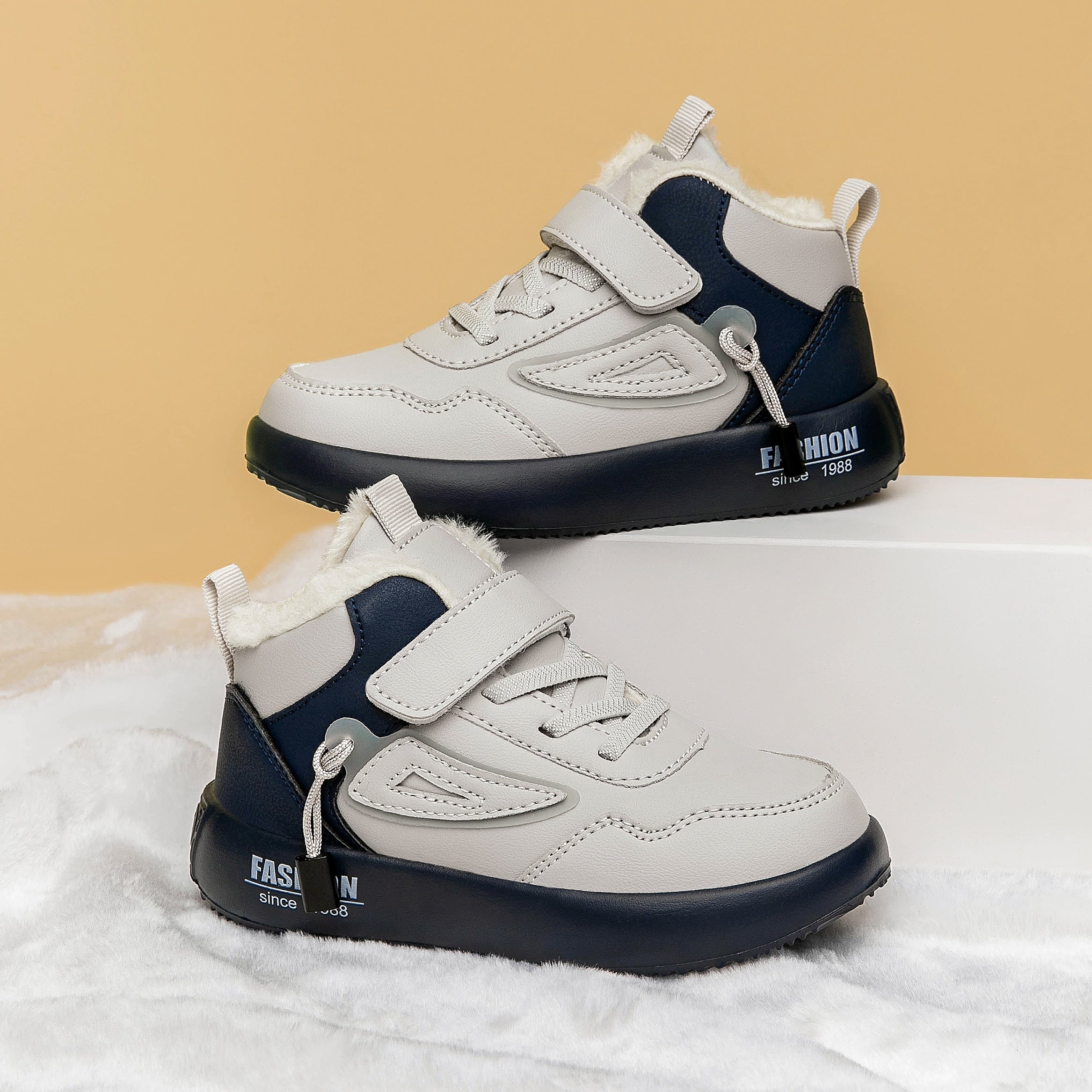 Boys Winter Snow Boots Waterproof Non-Slip Plush Lined High Tops Gray Navy