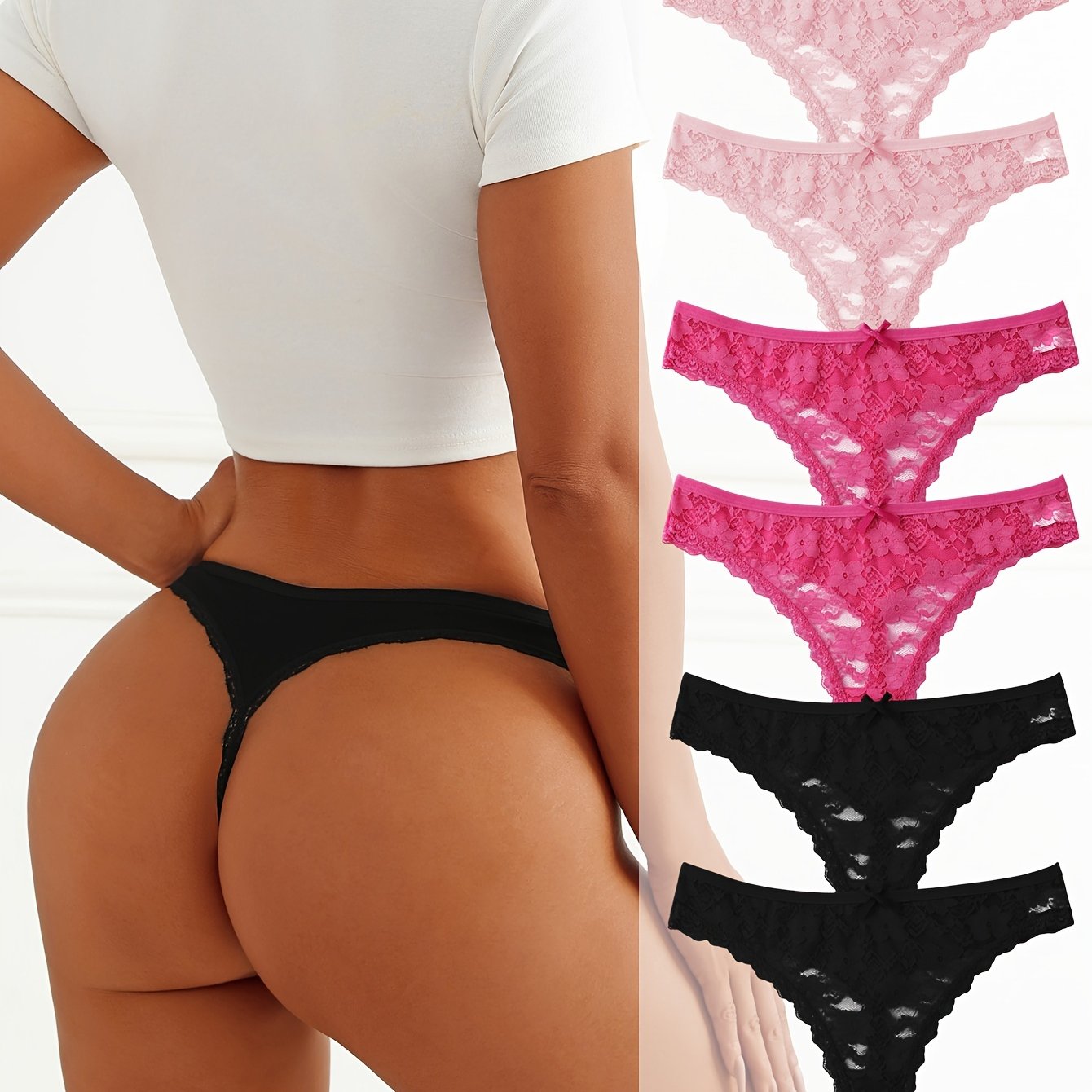 Women's Thongs 6-Pack Floral Lace Low-Rise Breathable Nylon Blend Black Pink White