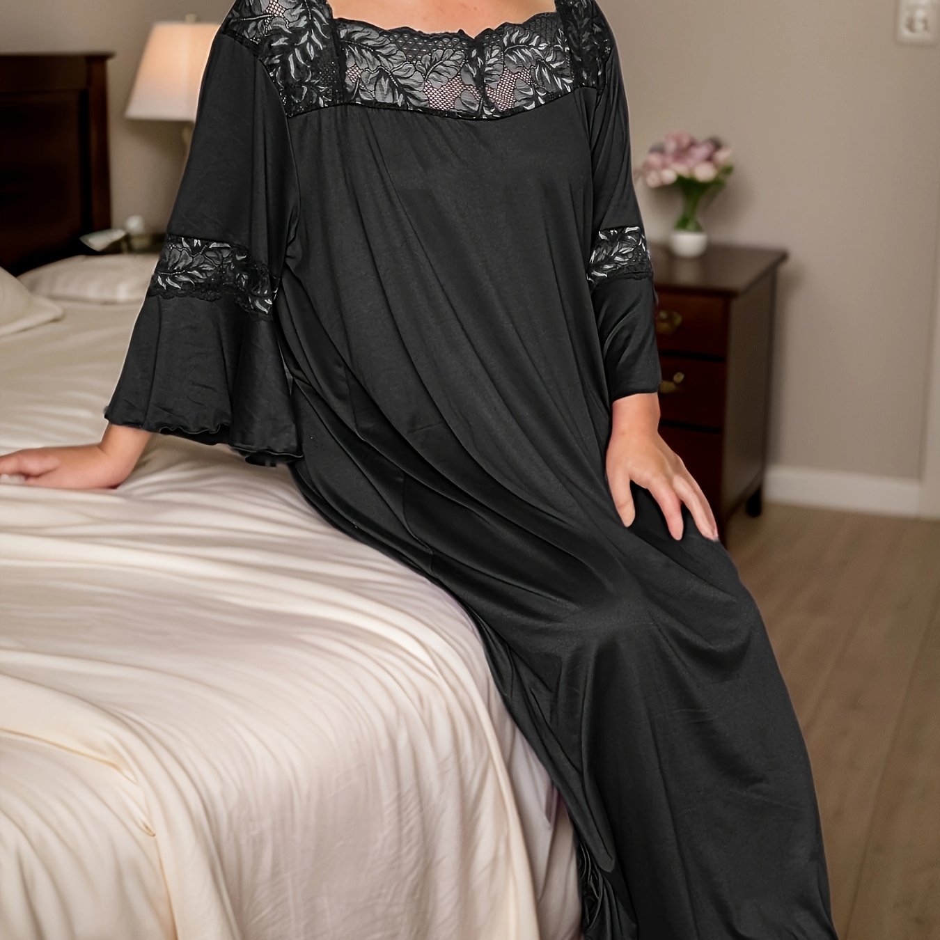 Camisón de talla grande negro con encaje para dormir para mujer