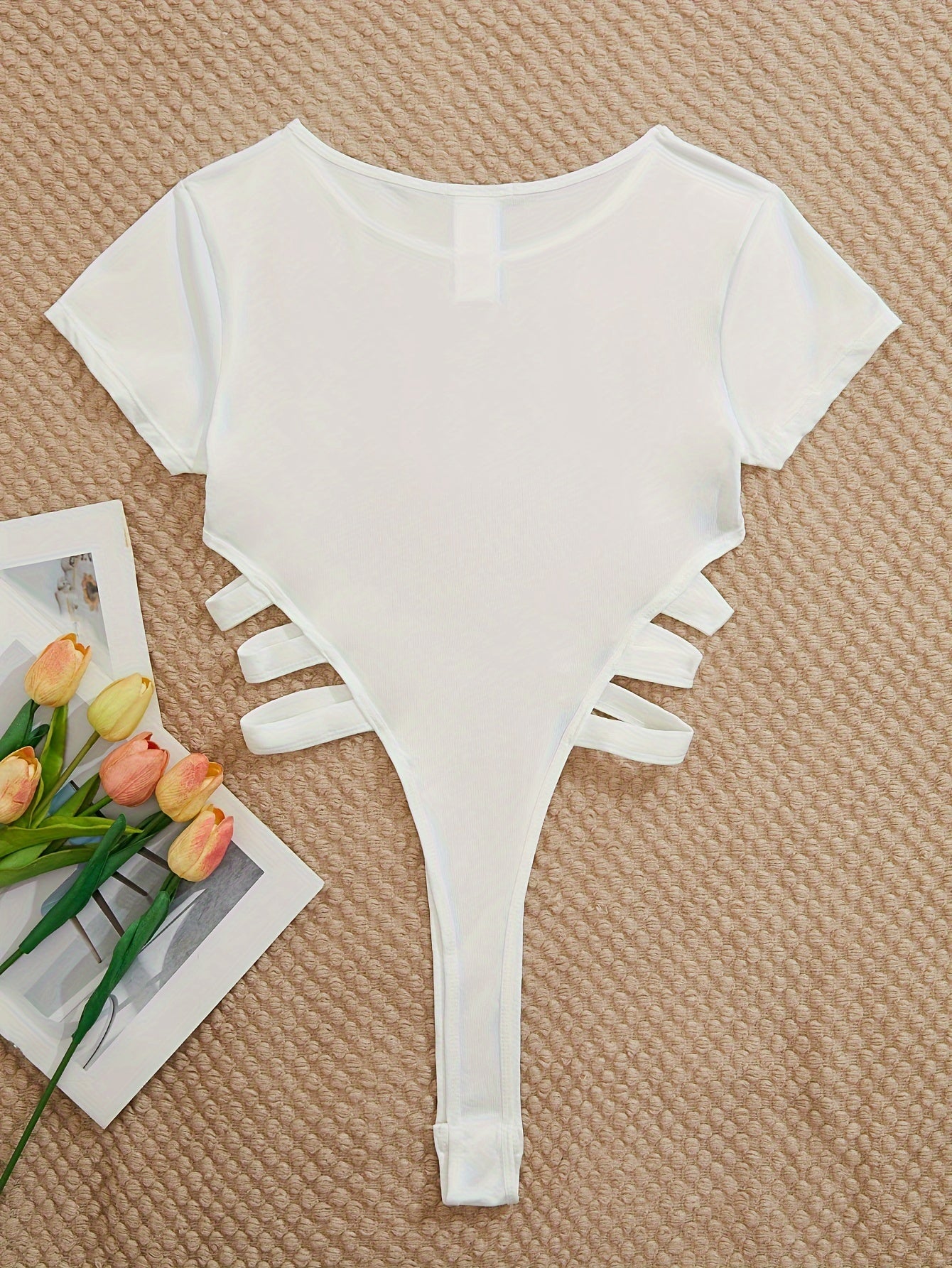 Women's Semi-Sheer Lace Lingerie with Short Sleeves and Side Straps