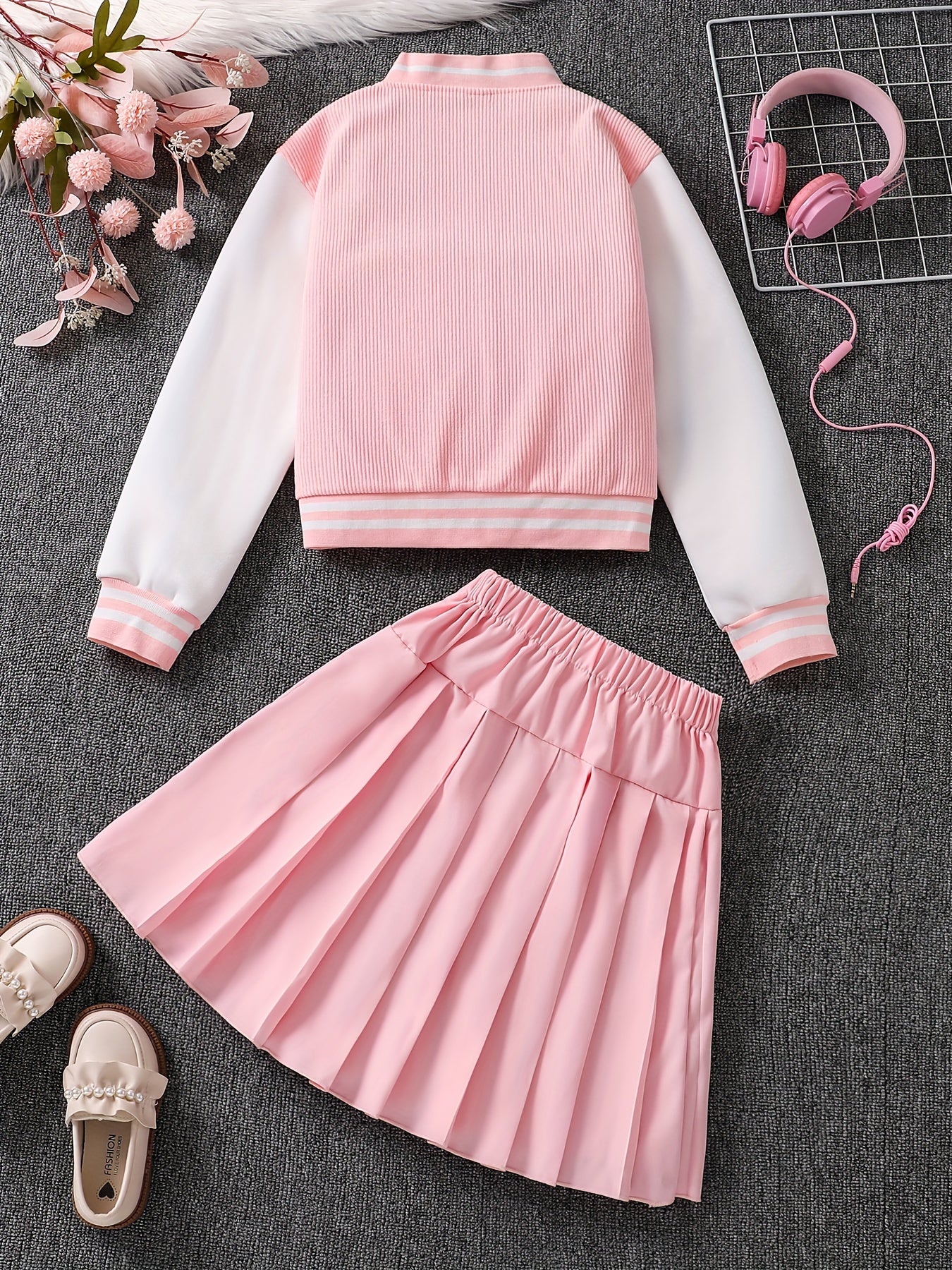 Kids' Polyester Baseball Jacket and Pleated Skirt Set for Girls Spring Fall