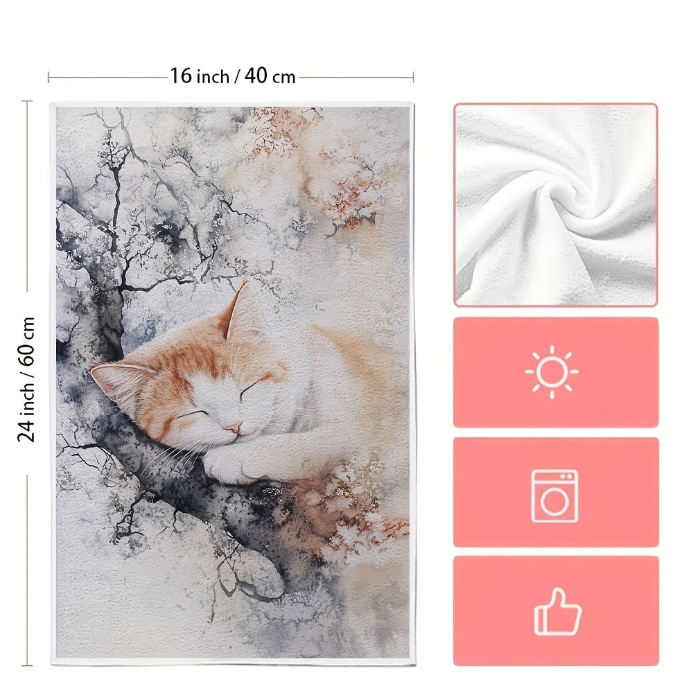 Набор из 2 ультрамягких кухонных полотенец с дизайном спокойного кота - исключительно впитывающие, легкие в уходе кухонные полотенца, современное акварельное искусство, 40,64x60,96 см, идеально подходит для домашнего декора